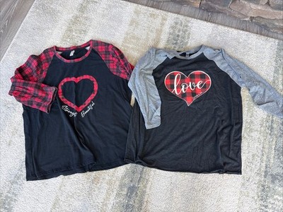 Next Level and Active Love Plaid 3/4-Sleeve Raglan T Shirt Women Sz XL Red Gray 