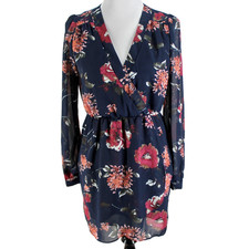 Lulus Pretty Pretender Dress Womens Size S Navy Pink Floral V Neck Sheer Sleeves