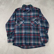 VTG 70s Pendleton Loop Collar Plaid Flannel Board Shirt Men M Green Flaws Wool