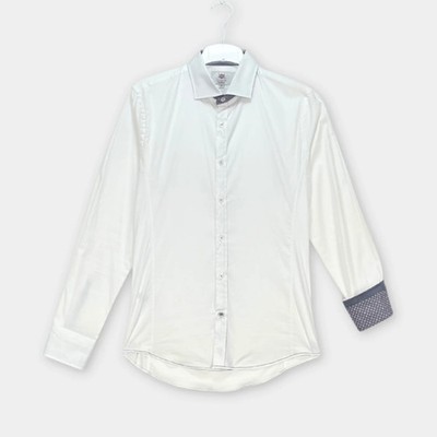 Designer Hemd weiß von Aragaza geometrischer Kontrastbesatz Herren Gr M Slim Fit