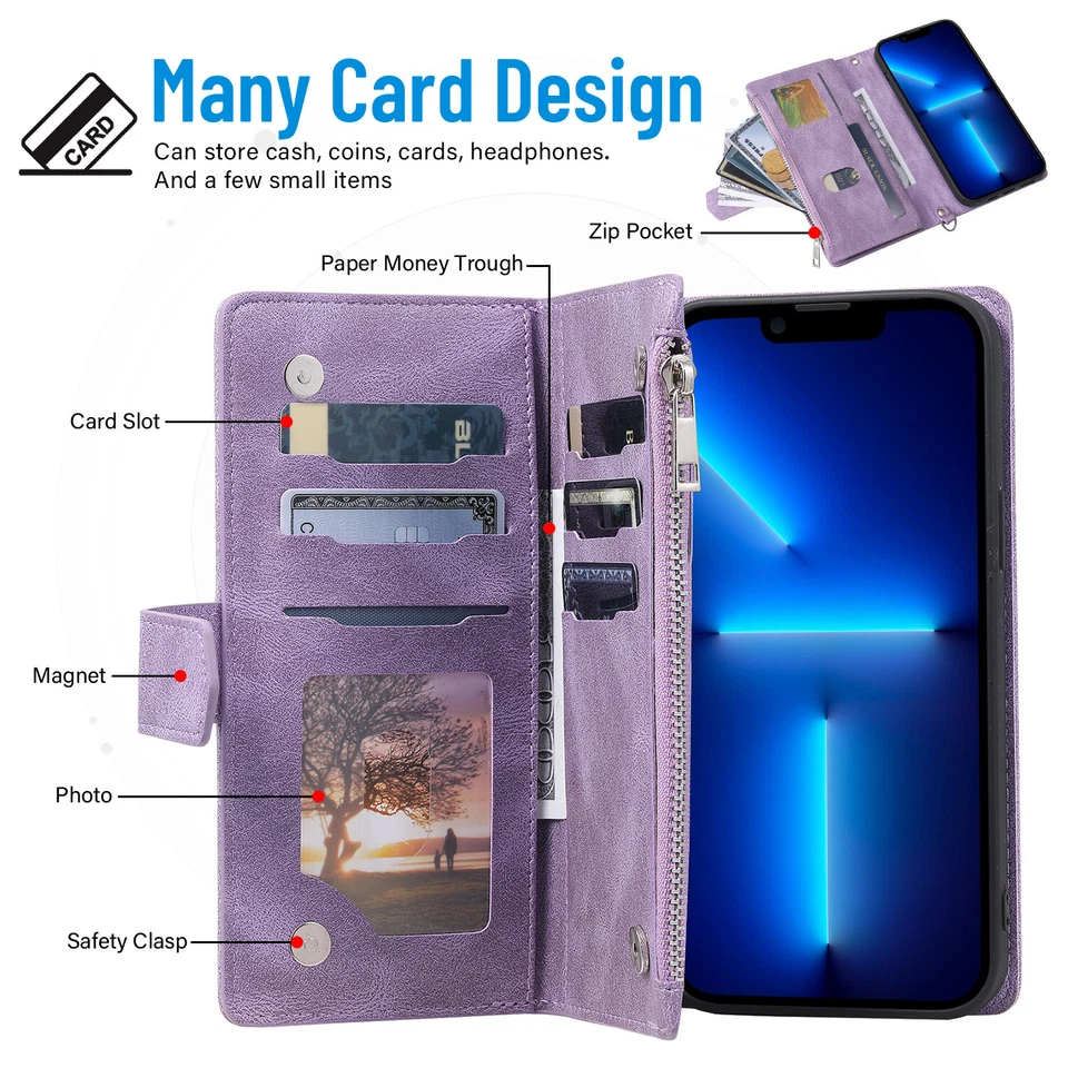 For iPhone 16 15 14 Pro Max 13 12 11 XR XS Leather Flip Case Zipper Wallet Cover - Image 4 of 4