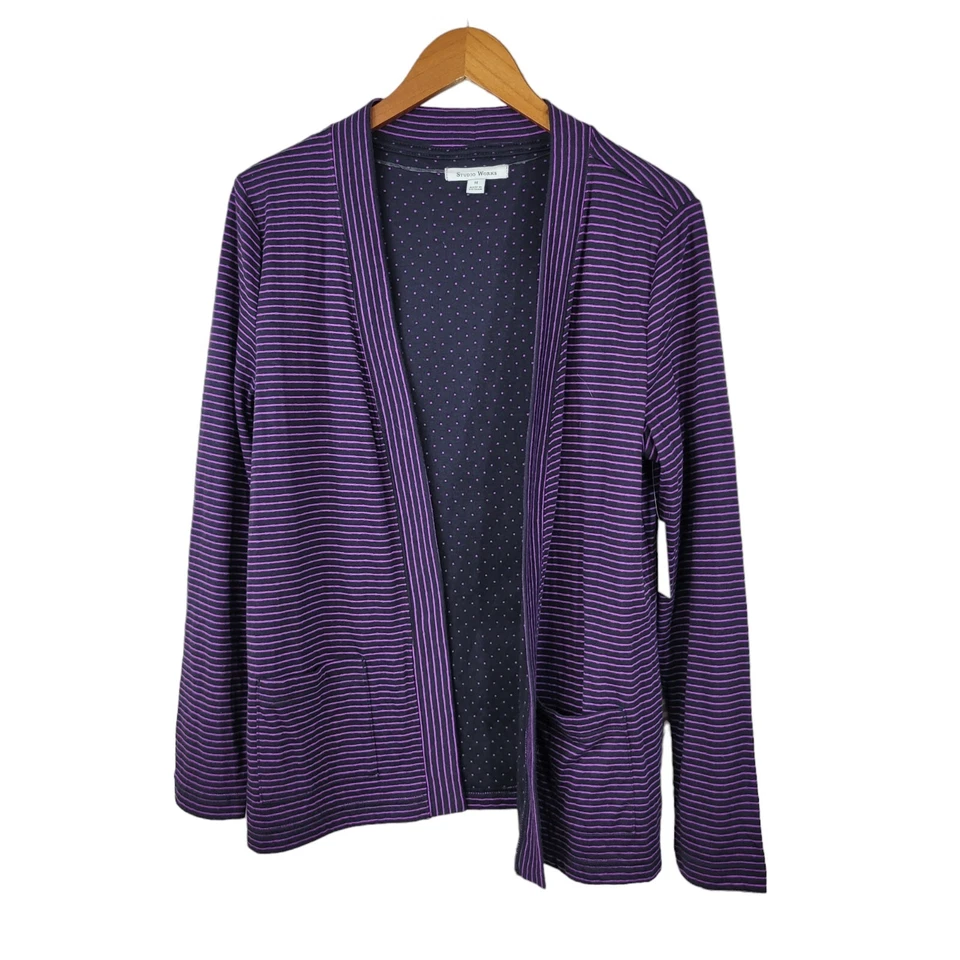 New Studio Works Cardigan Sweatshirt Jacket size Medium Sweater Purple Stripe - Image 2 of 4