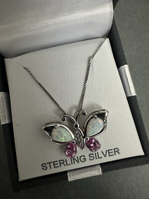 925 Sterling Silver Lab Create Opal & Pink Sapphires Gem Butterfly Necklace 18''
