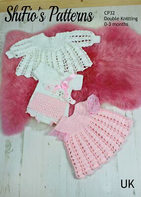 Häkelanleitung für Baby Kleid, Jacke, Stirnband & Body, 0-3 Monate UK Laufzeit CP32