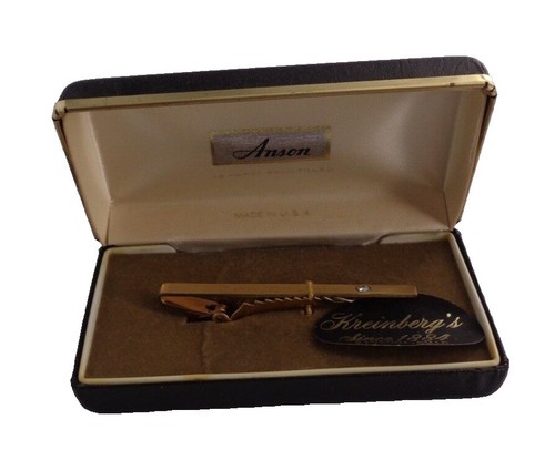 ansen men's fish tie pin in box Anson Gold Tone Men's Tie Clip With Simulated Diamond Stone Vintage Small  Used