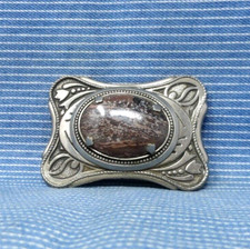 Western Floral Scroll Belt Buckle Unique Fossilized Stone Mount Vtg 80s .CPA434