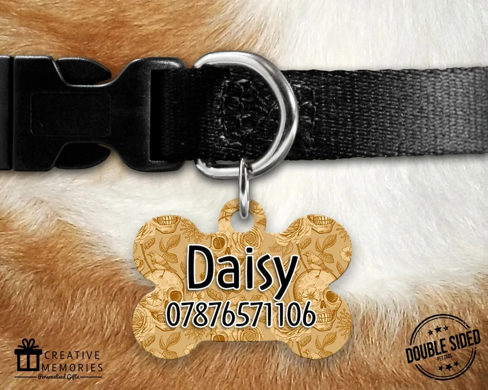 CREATIVE MEMORIES UK Personalised Pet ID Tag - ID Tag - Dog Tag - Dog Tags - Bronze Skulls
