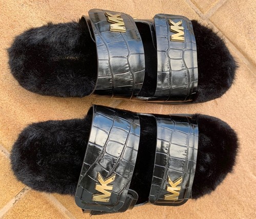 NEW MICHAEL KORS WOMEN Stark Slide FAUX FUR LINED LEATHER SANDALS 6.5-7 M |  eBay