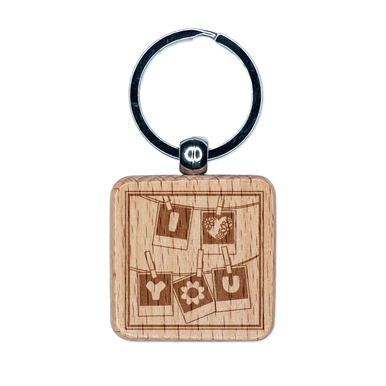 I Love You Instant Photos Hanging on Wood Engraved Square Keychain