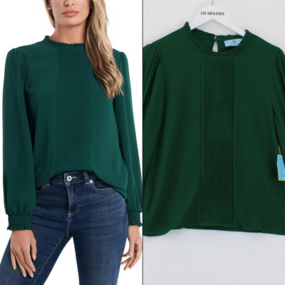 CeCe Smocked Pintuck Blouse in Alpine Green Size S NWT