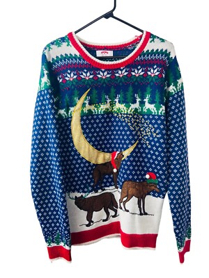 Holiday Time Pre-Owned Men's Blue Wolf Howling Moon Ugly Christmas Sweater  S