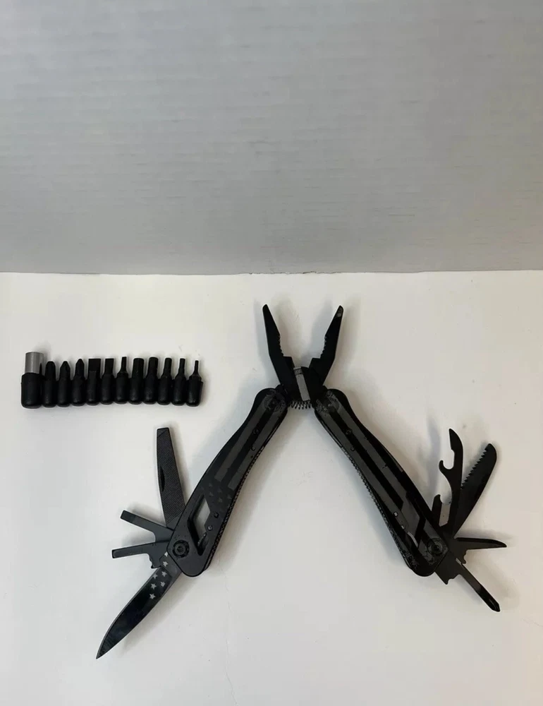 Multi-tool Leatherman Like W/ Pliers Black W/ Sheath American Flag 24 Tools
