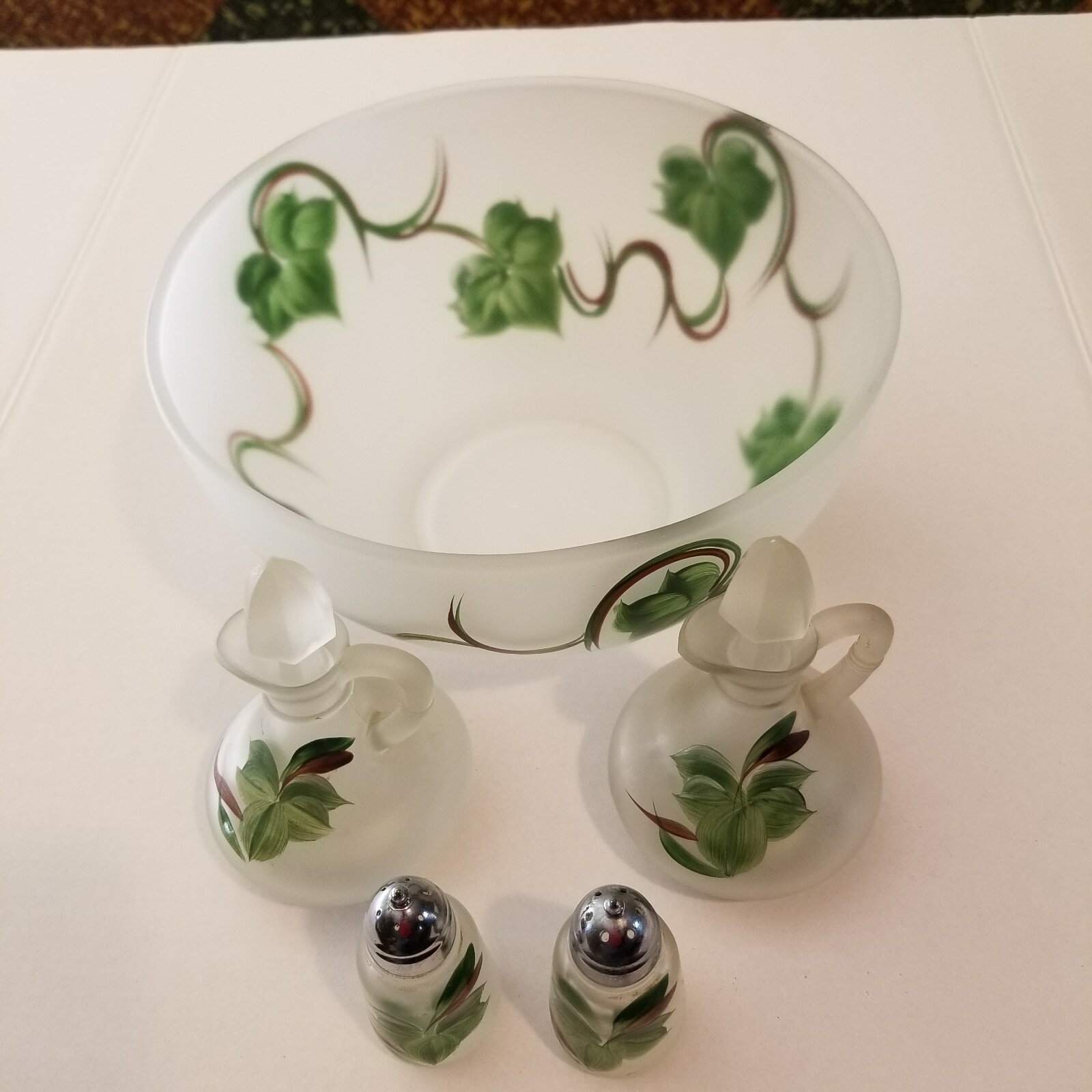 Hand Painted Frosted Glass Salad Bowl With Dressing DecantersSalt and