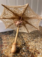 Vintage Miniature Doll Size Lace Umbrella with Bird Nest Underneath Wooden Frame