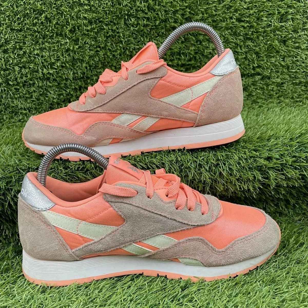 Reebok Classic Nylon Digital Pink Orange Suede White Silver Trainers Size UK 5.5