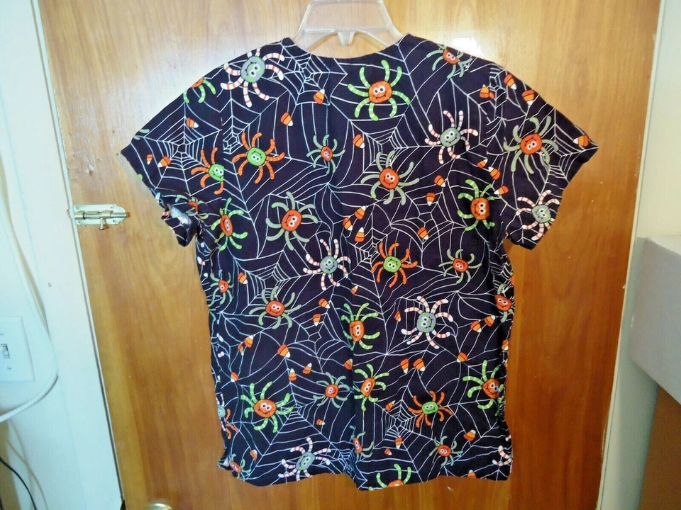 Tafford Size XS Short Sleeve Black Multi Color Halloween Spiders Scrubs Top - Image 4 of 4