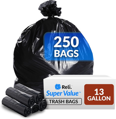 13 Gallon Trash Bags | 250 Bags | Black | Tall Kitchen | Strong | Garbage