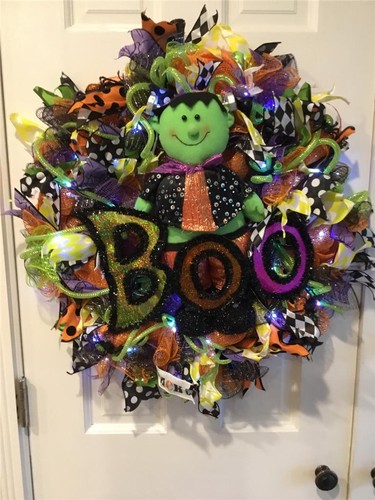 GUIRNALDA PUERTA HALLOWEEN MONSTRUO FRANKENSTEIN LUCES DECORACIÓN OTOÑO HECHO A MANO - Imagen 12 de 16