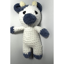 Handmade Crochet 10" Cow Plushie Blue White Amigurumi Stuffed Animal Heart Eyes