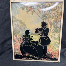 Vintage Original Art Deco Reverse Painted Black Silhouettes Painting