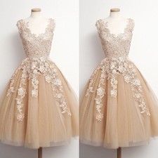 Champagne Wedding Dresses Tea Length Skirt Off Shoulder A Line Bridal Gowns