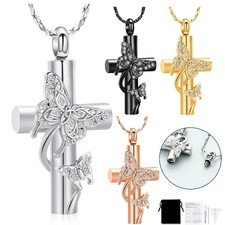 Butterfly Cross Urn Necklace for Ashes Men Women Cremation Ashes Pendant for Ash