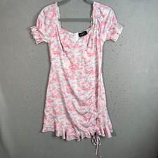 Cider Womens Medium Pink Floral Short Dress With Puff Sleeves & Ruffle Hem