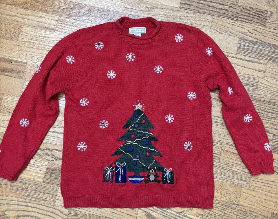 Suéter Studio Works Para Mujer Rojo Árbol de Navidad Vacaciones Cuello Redondo Talla S Jingle Bell Foto 2 de 4
