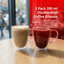 2 x Double Wall Insulated Glass Coffee Temperature Resistan Mug Cup Handle 350ml