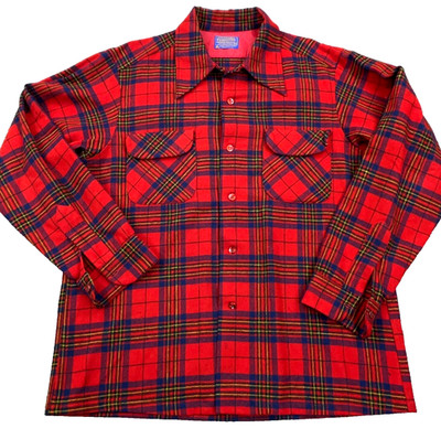 Vintage Pendleton Shirt Men Large Red Flannel Button Up Wool Loop Collar 70s *