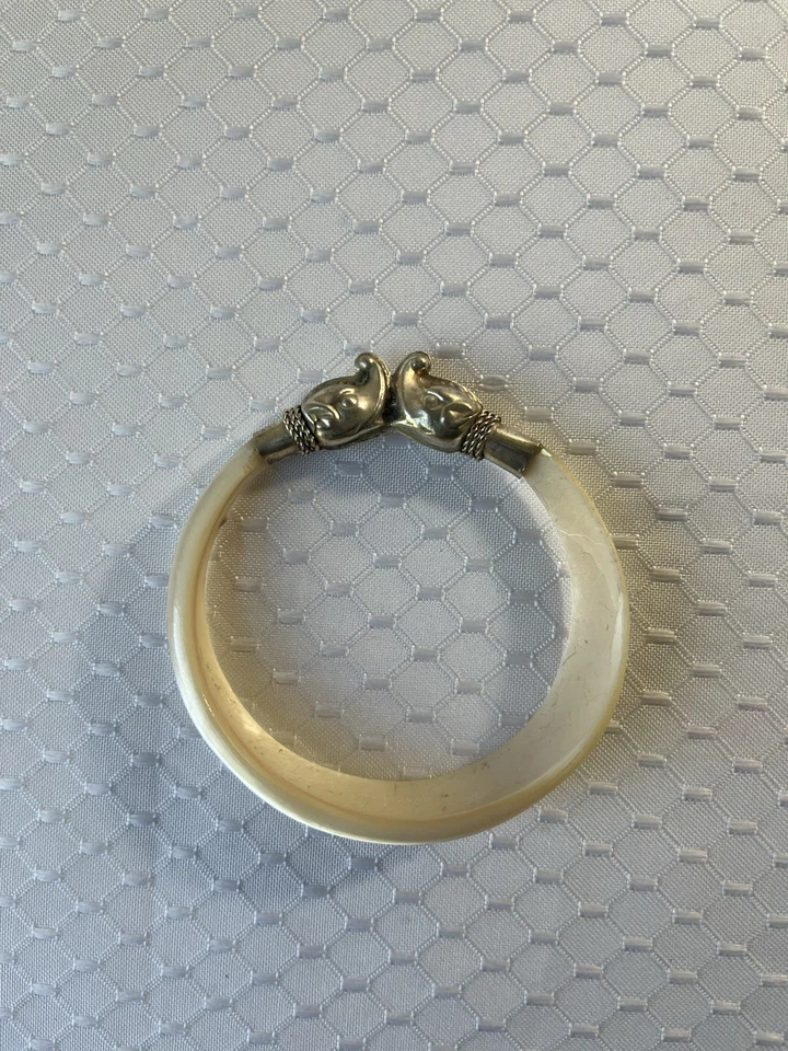 Brazalete Brazalete Madreperla Concha con Tapa Plateada Elefante Pez Dragón Foto 3 de 3