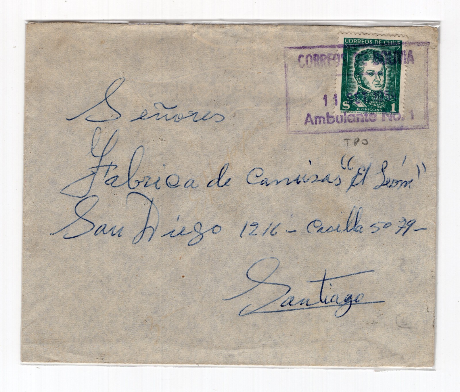 Chile 1954 TPO train railway cancellation CORREOS DE BOLIVIA AMBULANTE N°1 L2