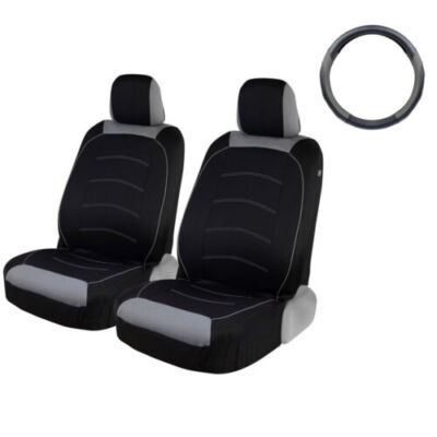 BDK Padded Seat Covers Front Set & Steering Wheel Cover Standard Fit Gray