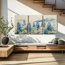 3pcs Mountain Landscape with Bluebonnet Flowers Wall Art Canvas Framed 50x70cm