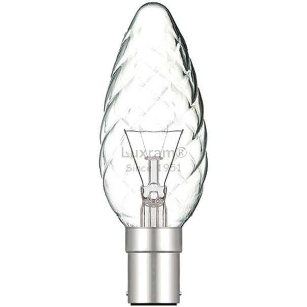 Bombilla de vela transparente retorcida pequeña bayoneta Luxram 25W 240V SBC/B15