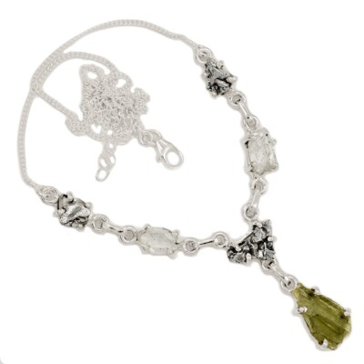 Natürlicher echter tschechischer Moldavit & Herkimer Diamant 925 Silber Collier SN19076
