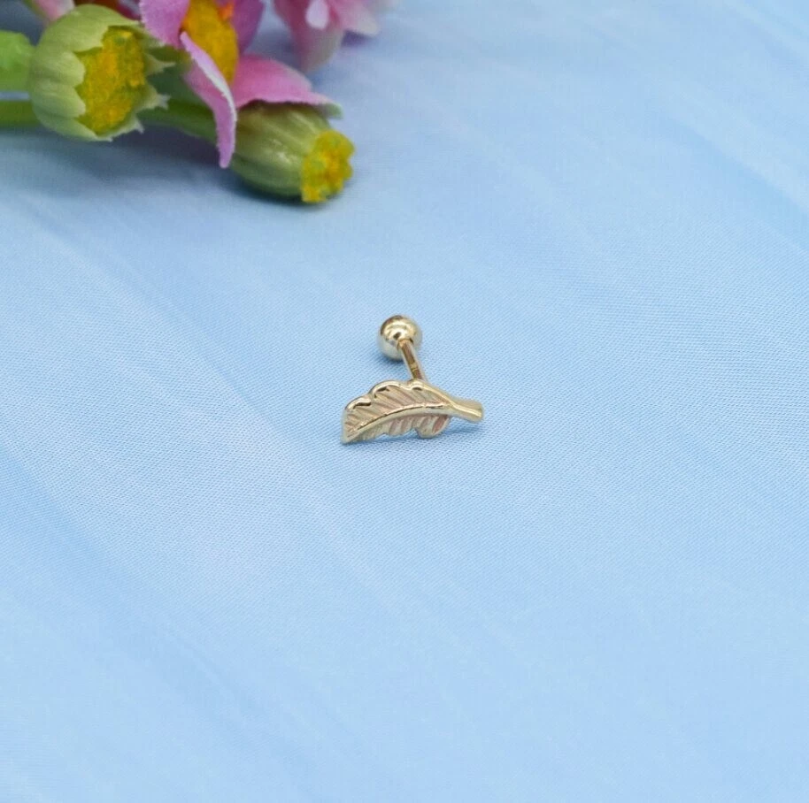 14K Solid Gold Leaf Shape Nose Piercings Barbell For Women 18 Gauge Piercings. - Image 4 of 4