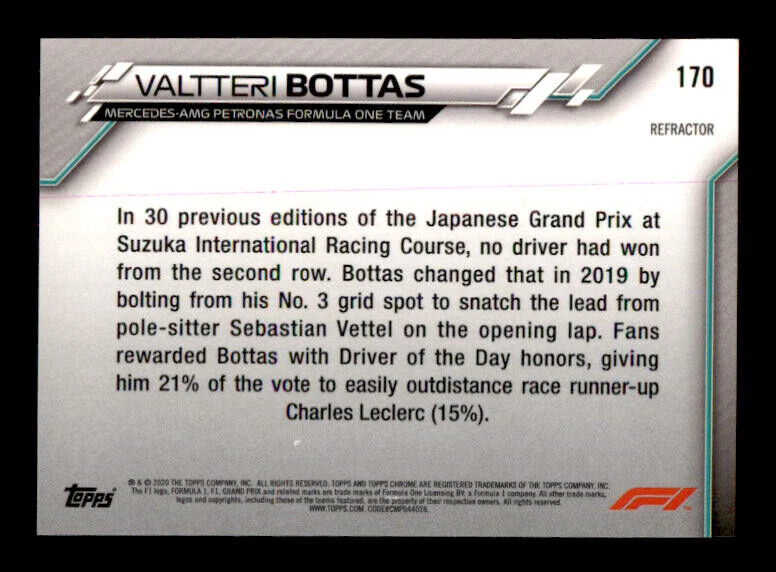 2020 Topps Chrome Formula 1 Refractor #170 Valtteri Bottas Mercedes-AMG - Image 2 of 2