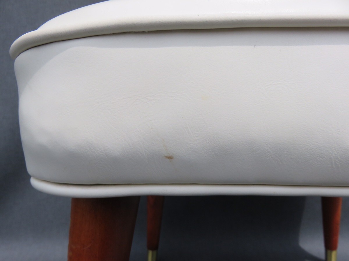 Mid Century White Vinyl Square Foot Stool Rest Ottoman Wood