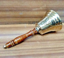 Ancienne cloche à main école en bois massif manche laiton 12"ht x 5,5" diamètre