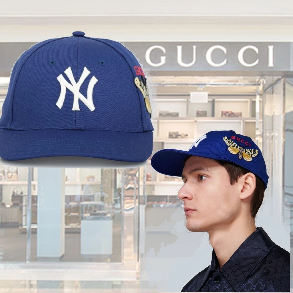 sidde lærling Awakening Gucci Unisex Blue Cotton NY Yankee Butterfly Embroidery Baseball Hat 538565  4300 | eBay