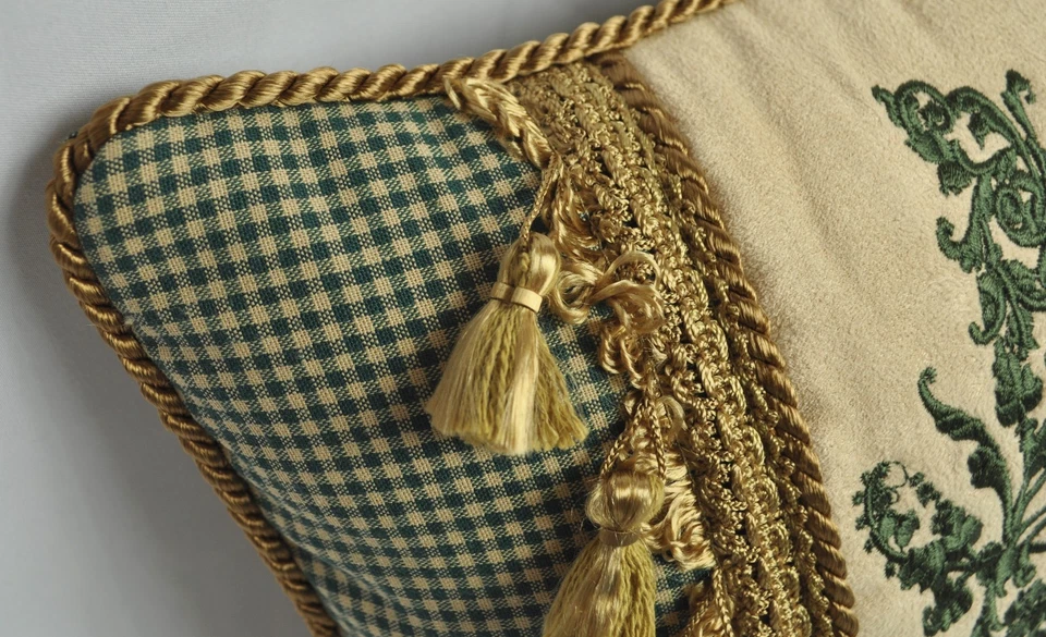 Personalized Embroidered Pillow made w Cream Faux Suede & Green Gingham Fabric - Image 4 of 4