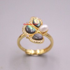 Gold Plated 925 Silver Set Natural Pearl and Multicolor Shell Butterfly Ring
