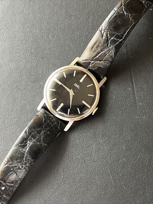 Vintage Men s Ebel Black Dial High Grade Thin Dress S Steel Cal 116 17j Running