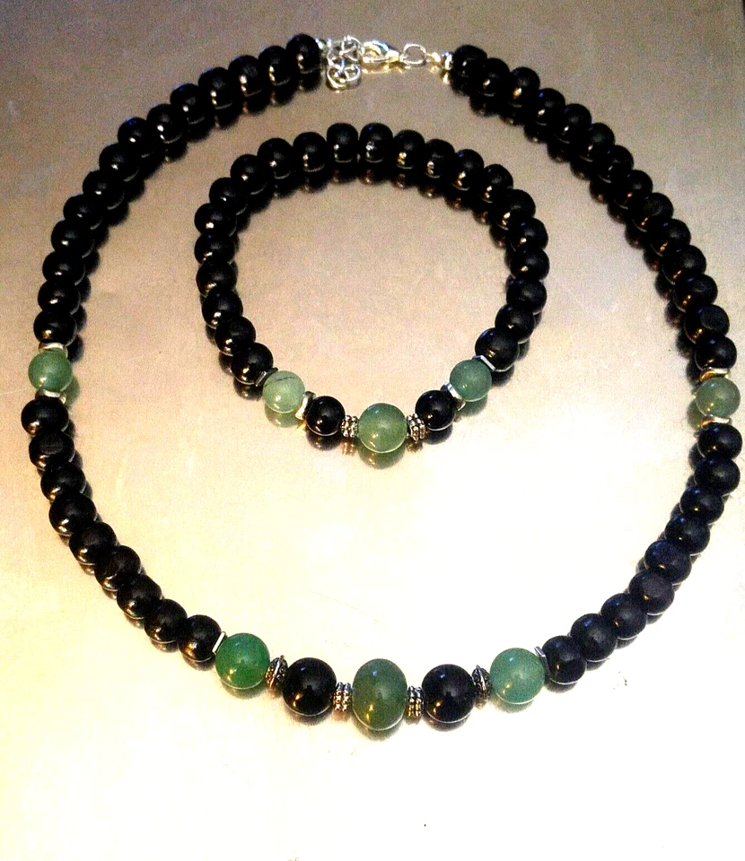 Men's Beaded Necklace/Bracelet Green Aventurine,Wood, Black Onyx,18" USA Seller - Image 2 of 3