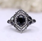 Oval Black Onyx Ring Created 925 Silver Black Rhodium Art Deco Halo
