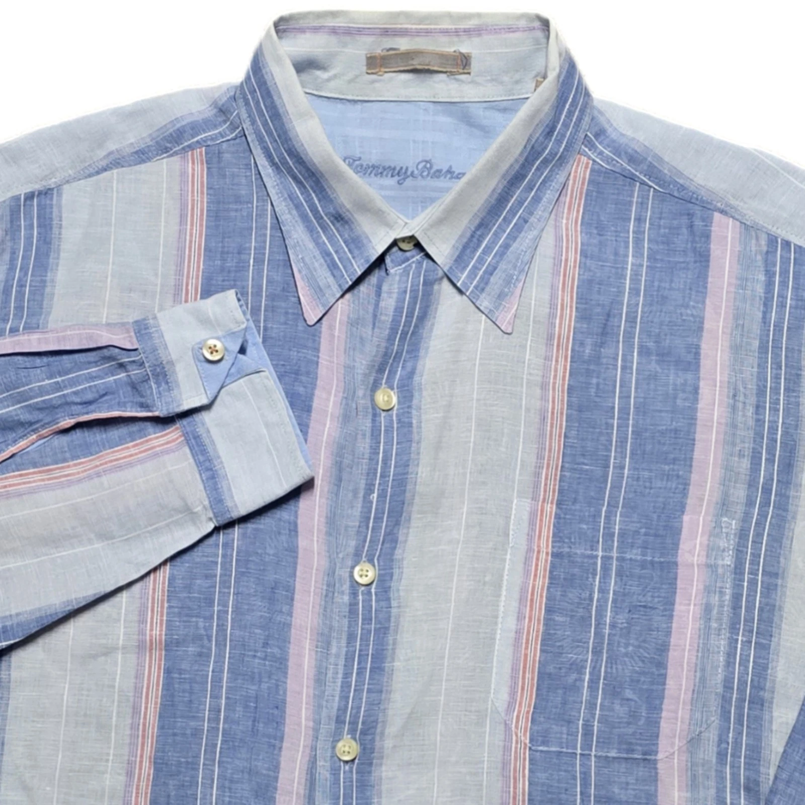 Tommy Bahama Shirt Mens XL Blue Striped Linen Long Sleeve Button Up