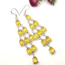 Yellow Citrine Handmade Gemstone 925 Sterling Silver Jewelry Earring Size-2.5"