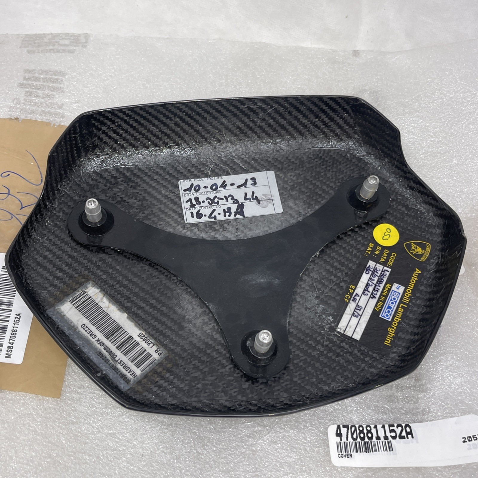 OEM Lamborghini Carbon Fiber Headrest Cover Aventador 470881152A, Has Scratches