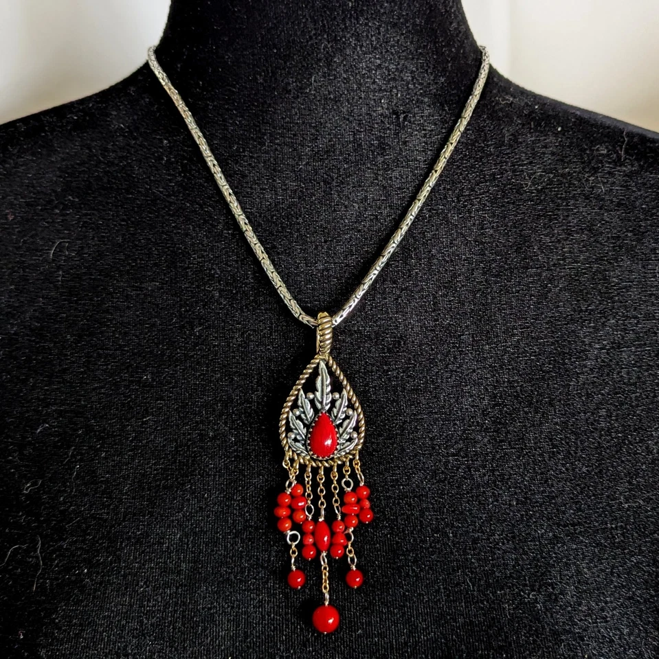 Colgante y cadena potenciadora de coral rojo latón 925 plata esterlina Carolyn Pollack 18" Foto 2 de 4